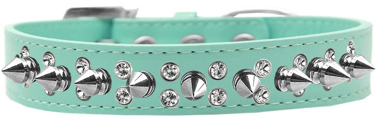 Double Crystal and Silver Spikes Dog Collar Aqua Size 16